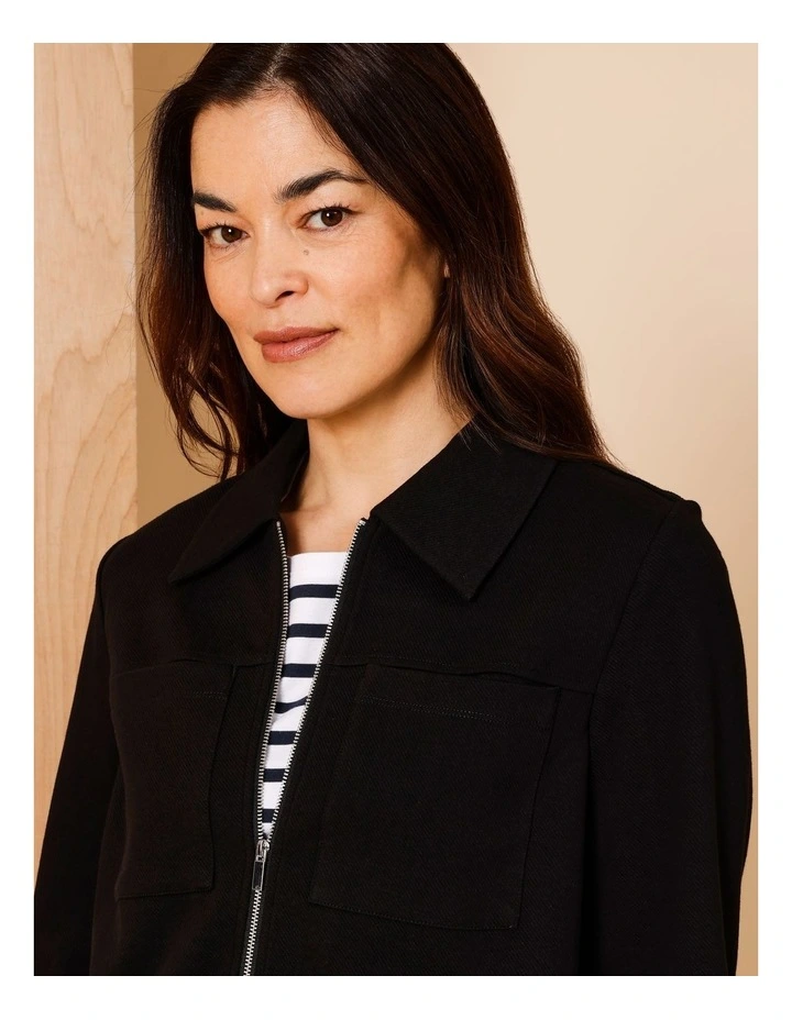 Zip Up Collared Jacket With Patch Pockets In Black image 2