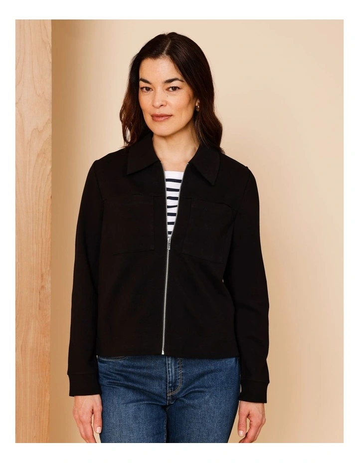 Zip Up Collared Jacket With Patch Pockets In Black image 4
