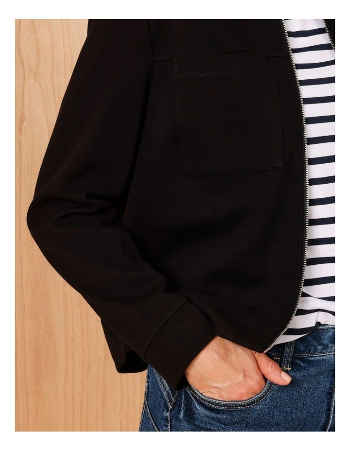 Zip Up Collared Jacket With Patch Pockets In Black image 5