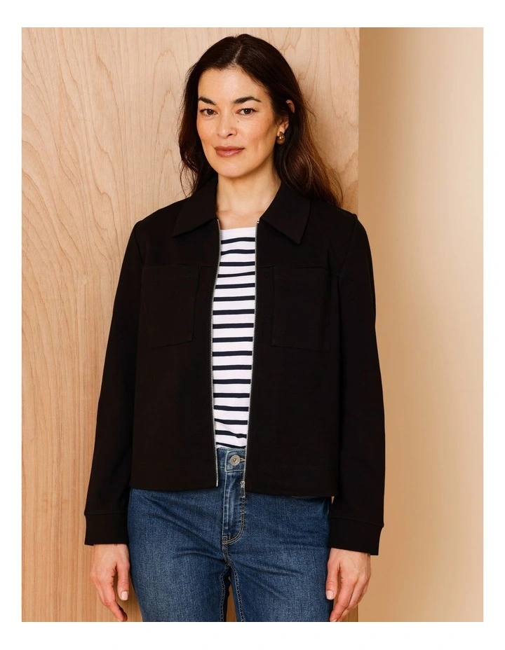 Zip Up Collared Jacket With Patch Pockets In Black image 7