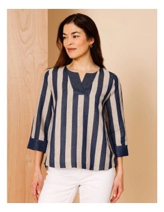 V Neck 3/4 Sleeve Top With Contrast Neck & Cuff In Navy/Neutral Vertical Stripe