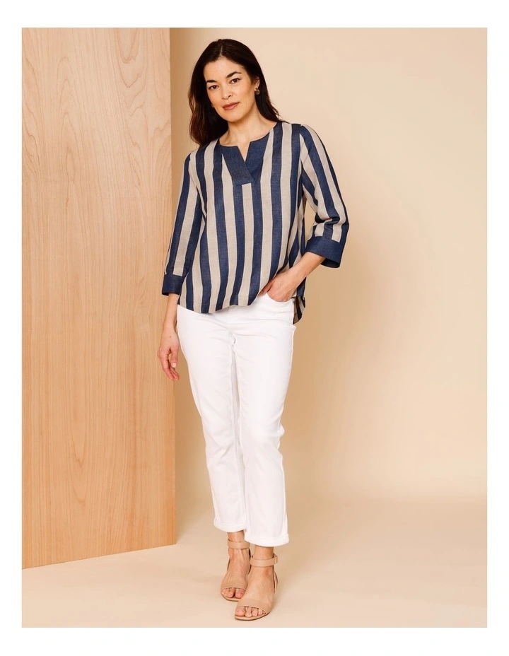 V Neck 3/4 Sleeve Top With Contrast Neck & Cuff In Navy/Neutral Vertical Stripe image 2