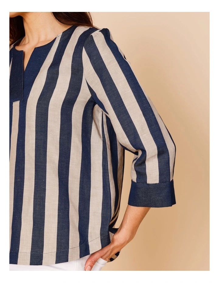 V Neck 3/4 Sleeve Top With Contrast Neck & Cuff In Navy/Neutral Vertical Stripe image 3