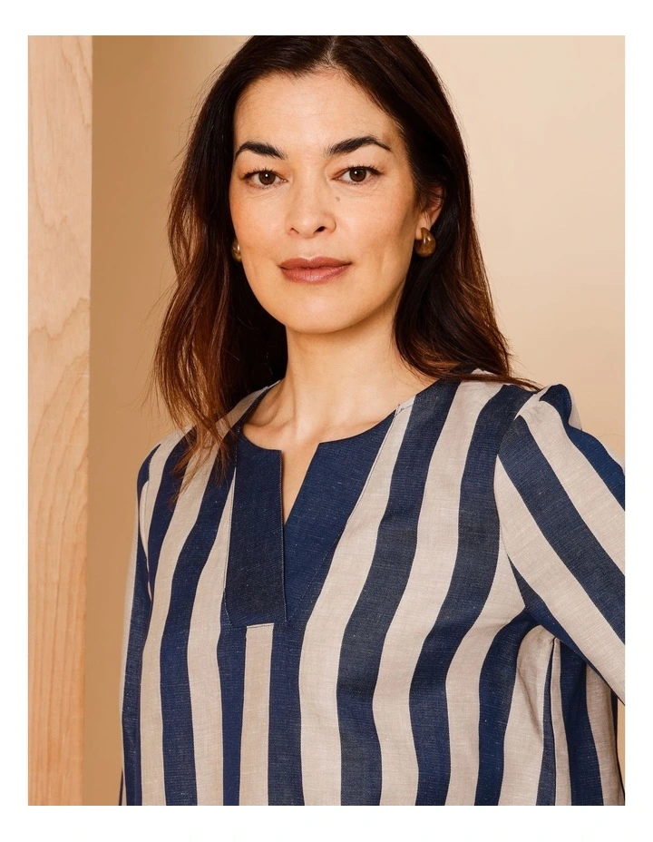V Neck 3/4 Sleeve Top With Contrast Neck & Cuff In Navy/Neutral Vertical Stripe image 4