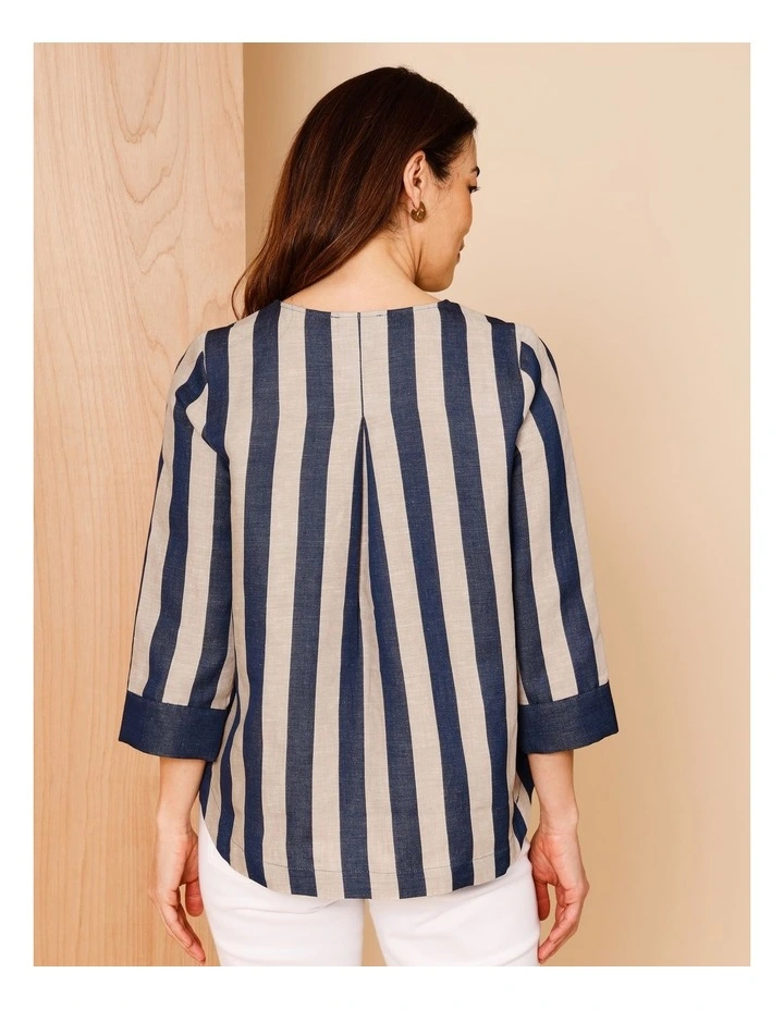 V Neck 3/4 Sleeve Top With Contrast Neck & Cuff In Navy/Neutral Vertical Stripe image 5