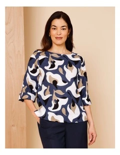 3/4 Tab Sleeve Top With Side Splits In Navy/Neutral/Ivory Oversized Abstract Floral
