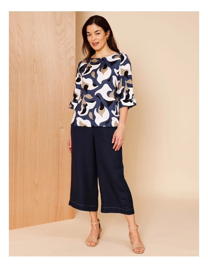 3/4 Tab Sleeve Top With Side Splits In Navy/Neutral/Ivory Oversized Abstract Floral image 2