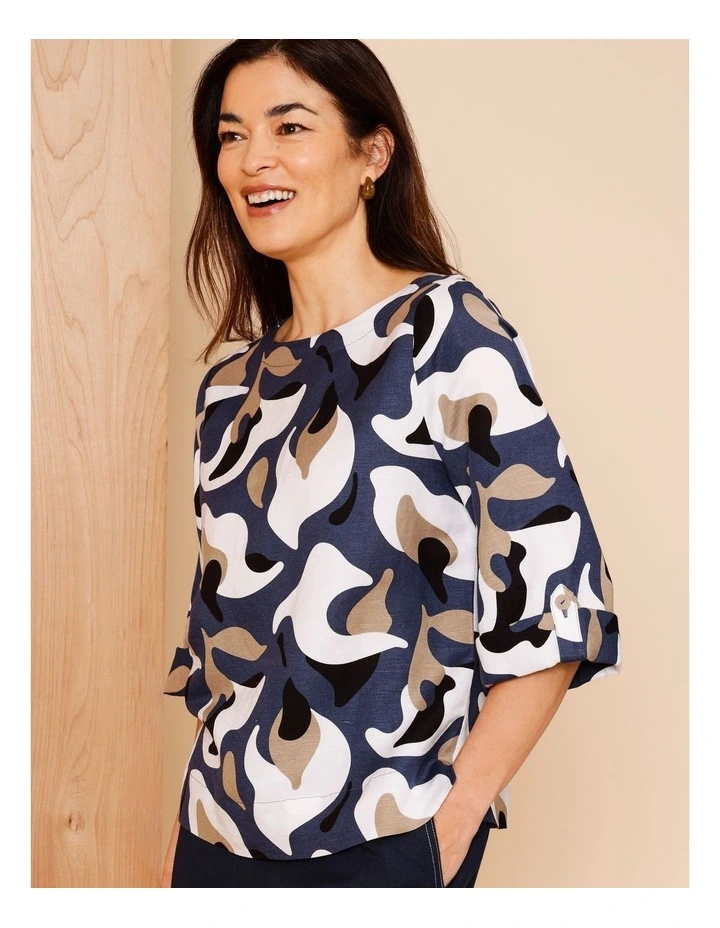 3/4 Tab Sleeve Top With Side Splits In Navy/Neutral/Ivory Oversized Abstract Floral image 3
