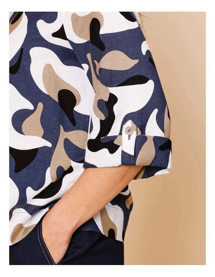 3/4 Tab Sleeve Top With Side Splits In Navy/Neutral/Ivory Oversized Abstract Floral image 4