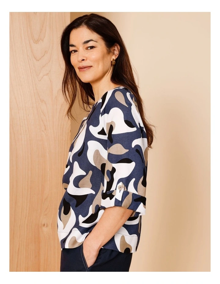 3/4 Tab Sleeve Top With Side Splits In Navy/Neutral/Ivory Oversized Abstract Floral image 5
