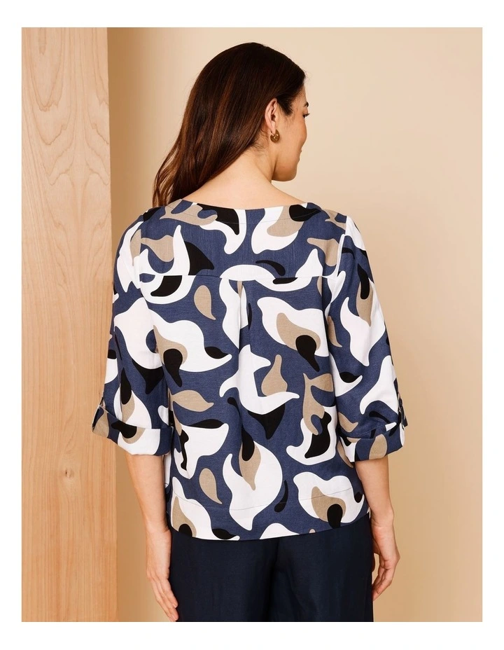 3/4 Tab Sleeve Top With Side Splits In Navy/Neutral/Ivory Oversized Abstract Floral image 6