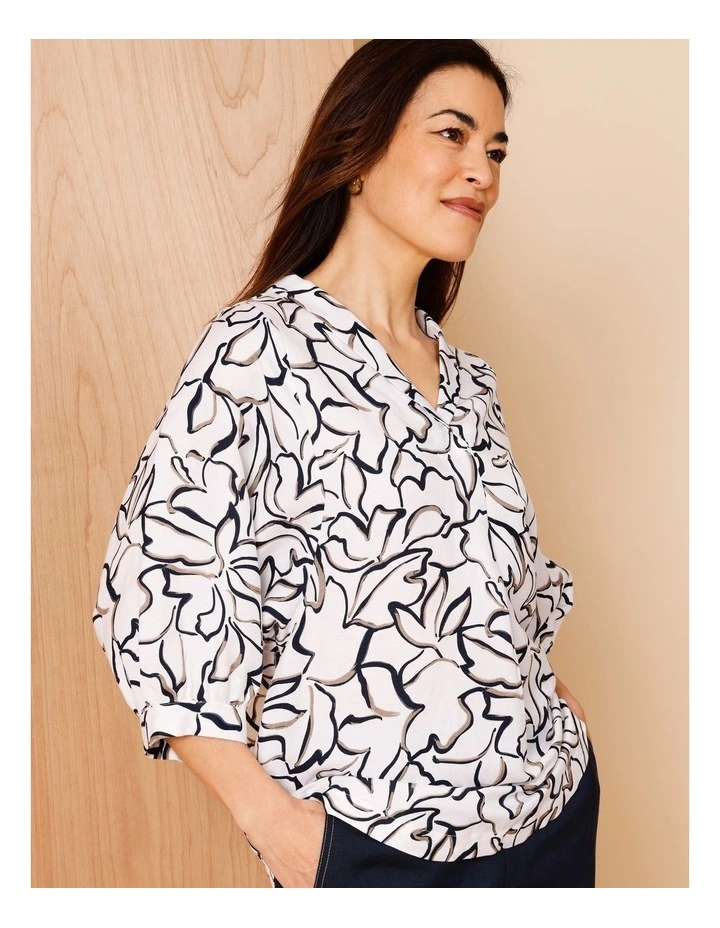 Shawl Collar 3/4 Sleeve Top In Ivory/Navy/Neutral Line Floral image 1