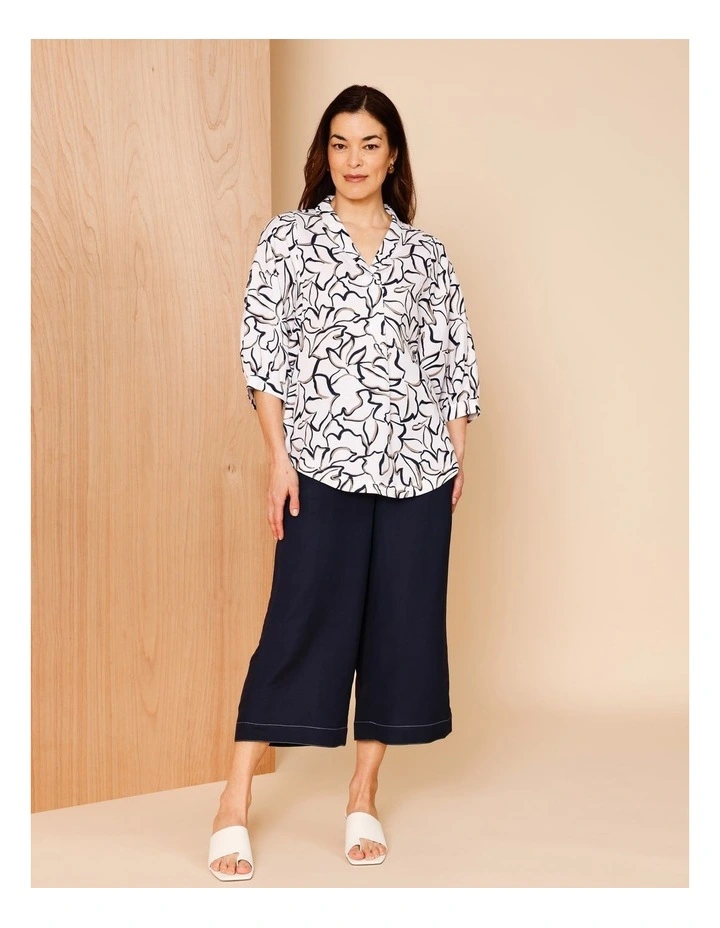 Shawl Collar 3/4 Sleeve Top In Ivory/Navy/Neutral Line Floral image 2