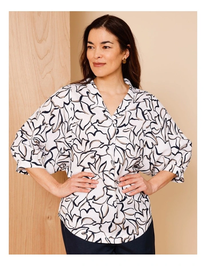 Shawl Collar 3/4 Sleeve Top In Ivory/Navy/Neutral Line Floral image 3