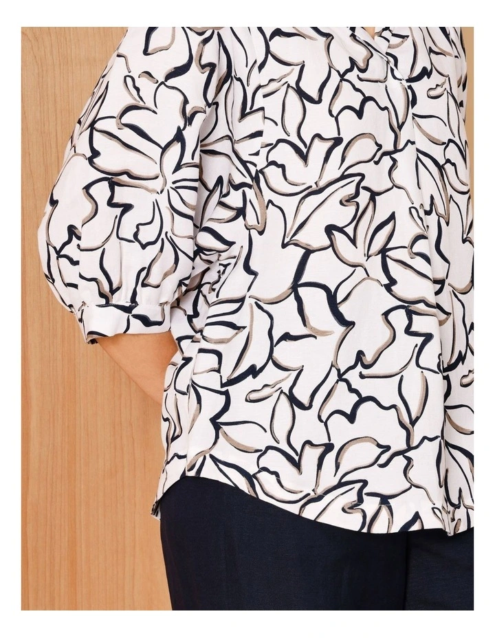 Shawl Collar 3/4 Sleeve Top In Ivory/Navy/Neutral Line Floral image 4