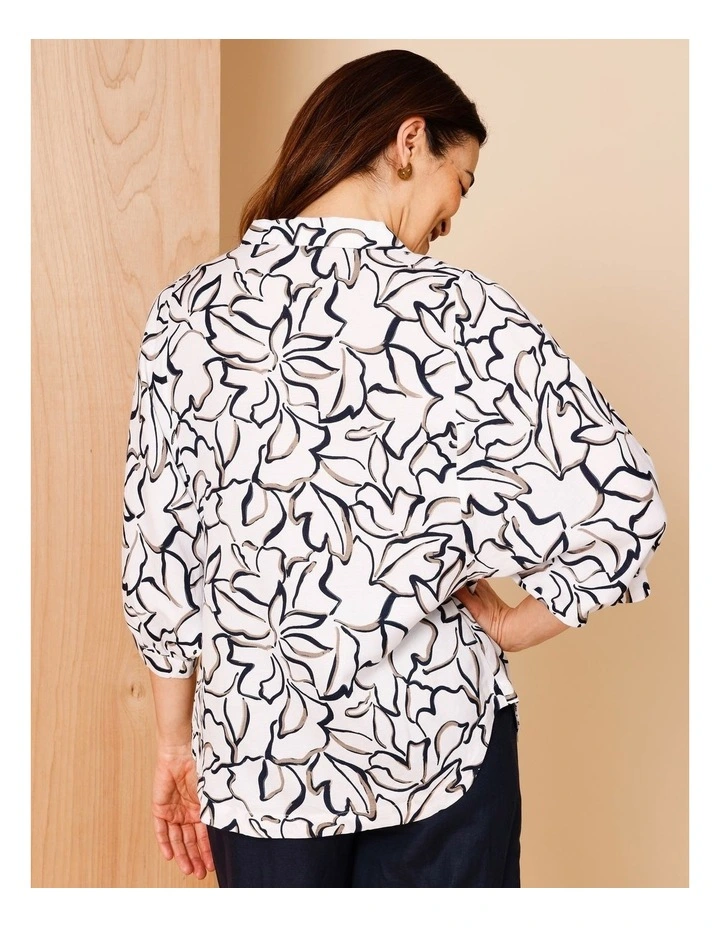 Shawl Collar 3/4 Sleeve Top In Ivory/Navy/Neutral Line Floral image 6