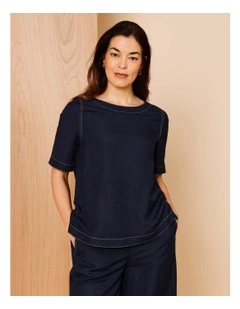 Short Sleeve Curved Hem Top In Navy With Contrast Top Stitch