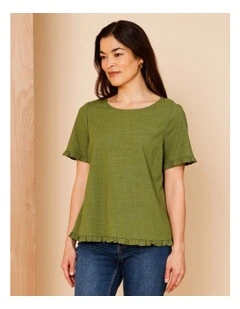Short Frill Sleeve And Hem Top In Hedge