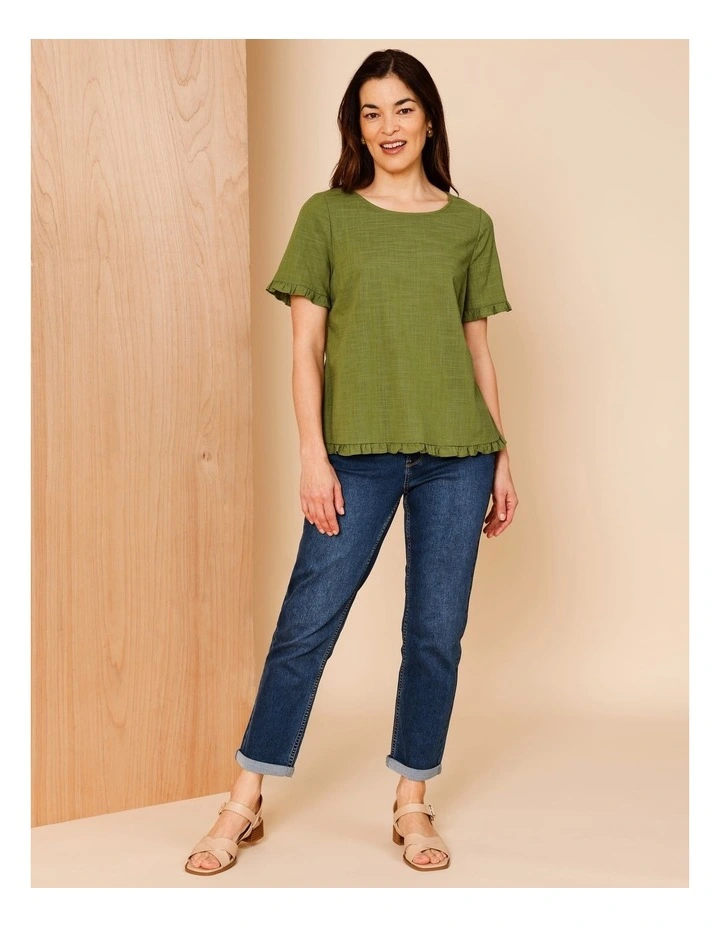Short Frill Sleeve And Hem Top In Hedge image 2