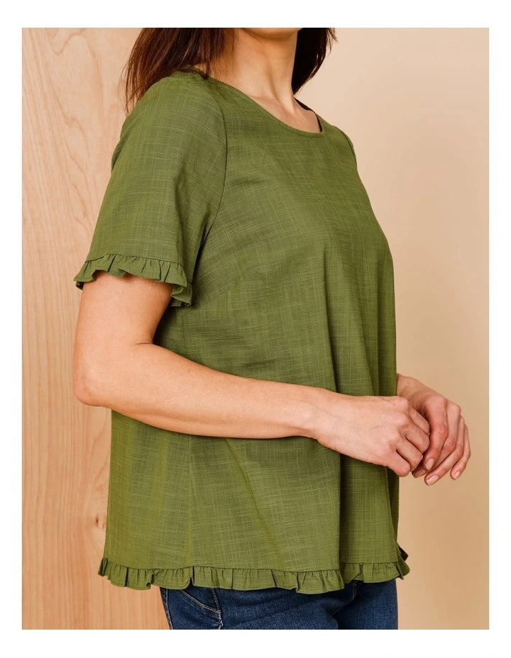 Short Frill Sleeve And Hem Top In Hedge image 4