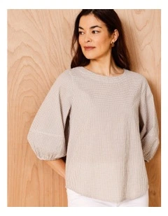 Lantern Sleeve Top In Neutral/Ivory Mini Gingham