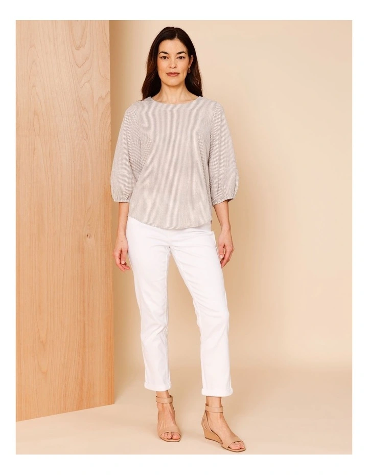 Lantern Sleeve Top In Neutral/Ivory Mini Gingham image 2