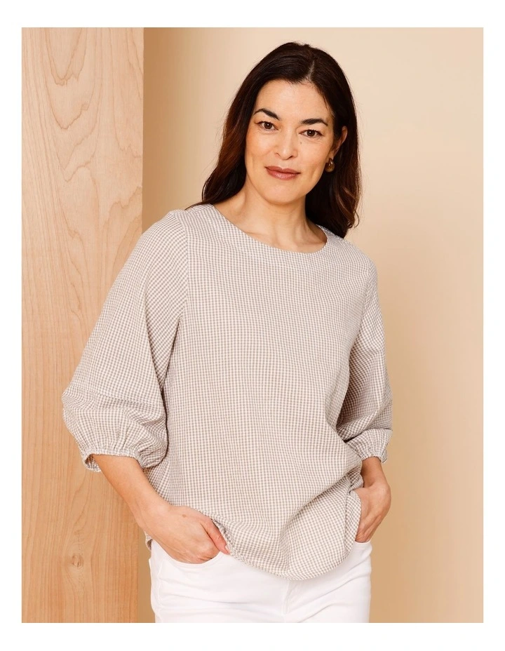 Lantern Sleeve Top In Neutral/Ivory Mini Gingham image 3