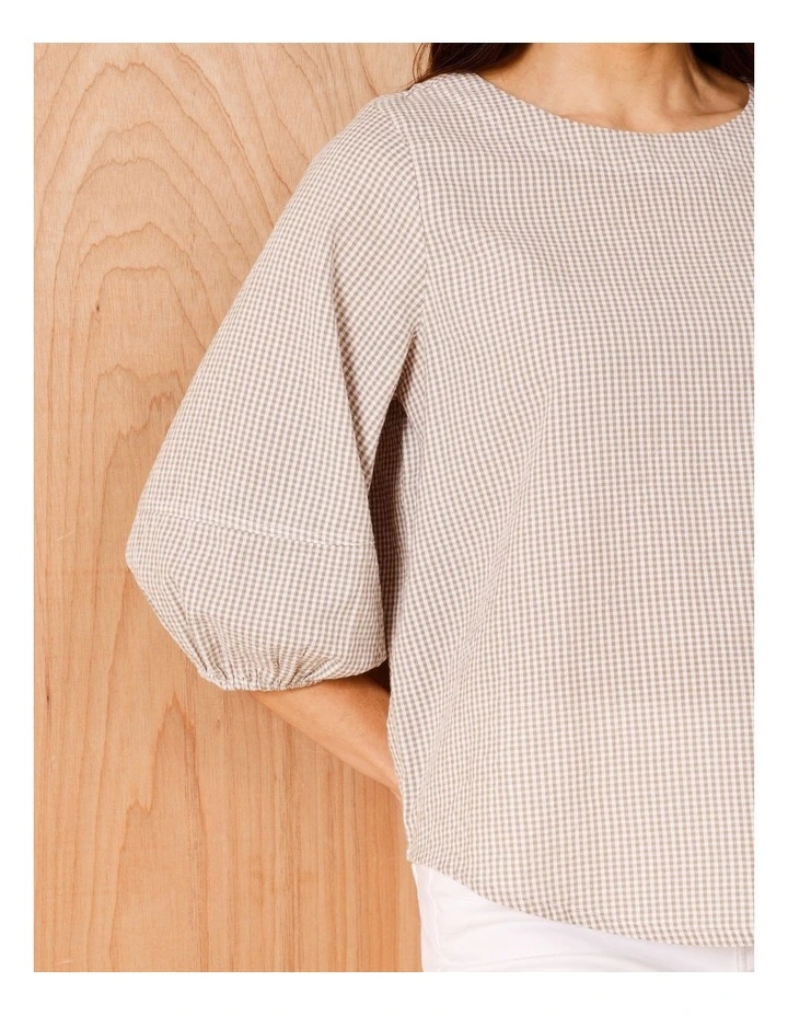 Lantern Sleeve Top In Neutral/Ivory Mini Gingham image 4