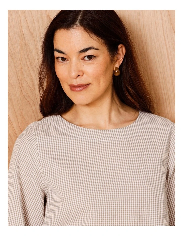 Lantern Sleeve Top In Neutral/Ivory Mini Gingham image 5