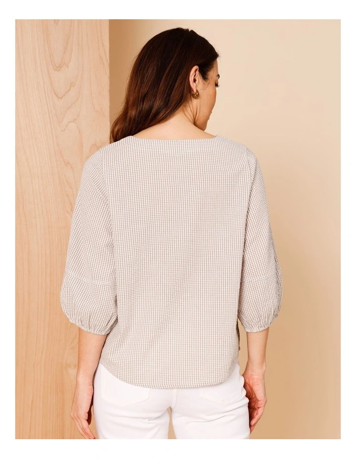 Lantern Sleeve Top In Neutral/Ivory Mini Gingham image 6