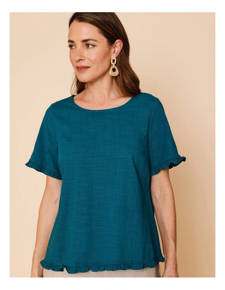 Short Frill Sleeve And Hem Top In Teal image 1