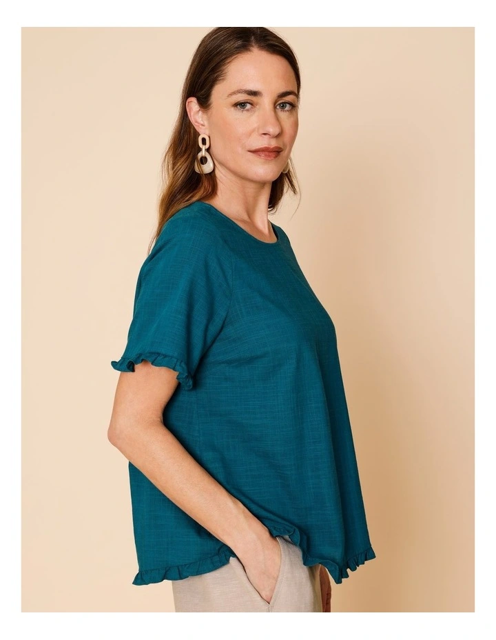 Short Frill Sleeve And Hem Top In Teal image 2