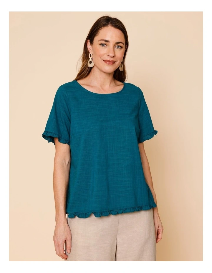 Short Frill Sleeve And Hem Top In Teal image 4