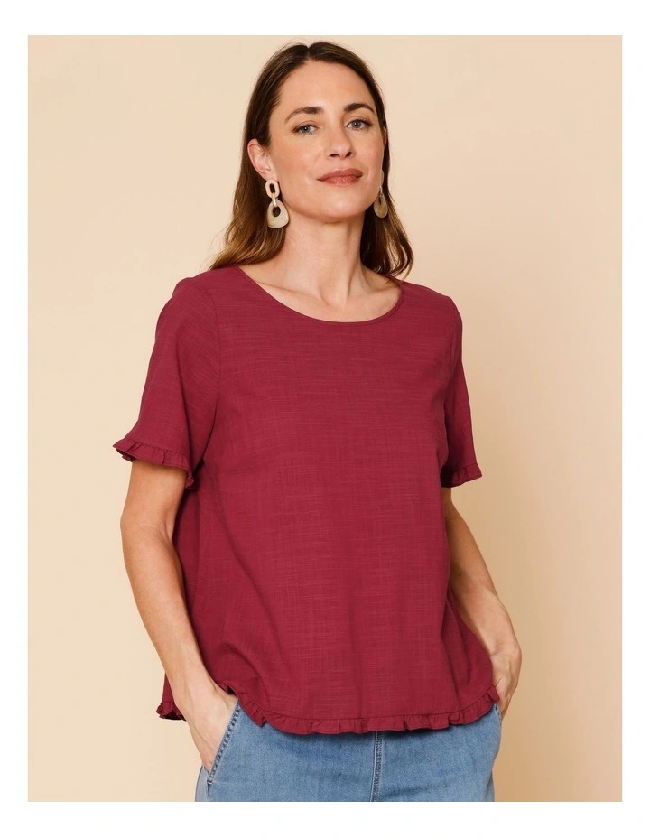 Short Frill Sleeve And Hem Top In Burgundy image 1