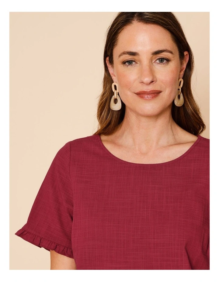 Short Frill Sleeve And Hem Top In Burgundy image 2
