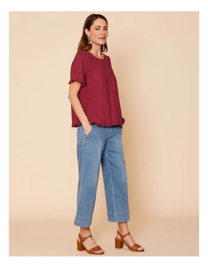 Short Frill Sleeve And Hem Top In Burgundy image 3