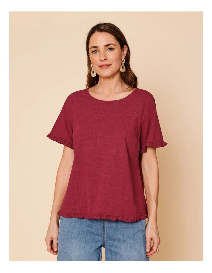 Short Frill Sleeve And Hem Top In Burgundy image 4