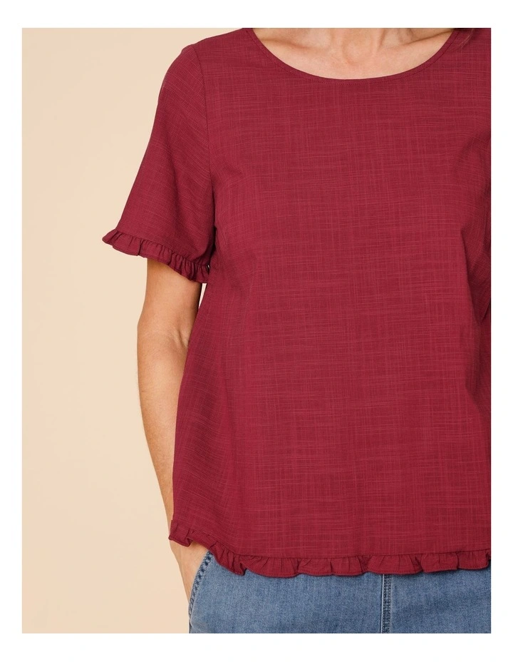 Short Frill Sleeve And Hem Top In Burgundy image 5