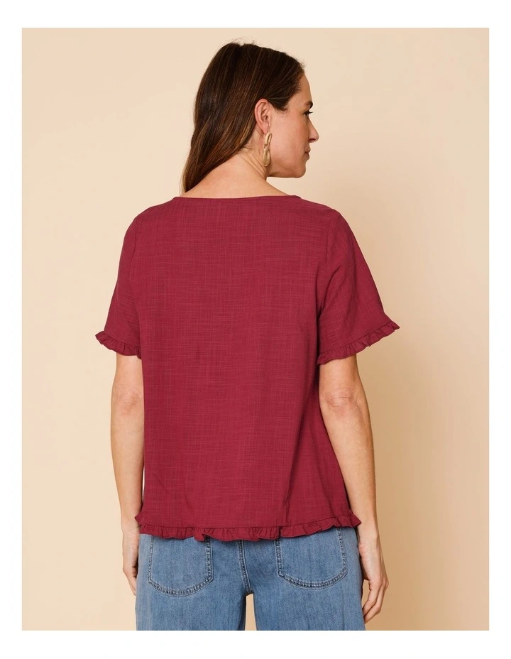 Short Frill Sleeve And Hem Top In Burgundy image 6