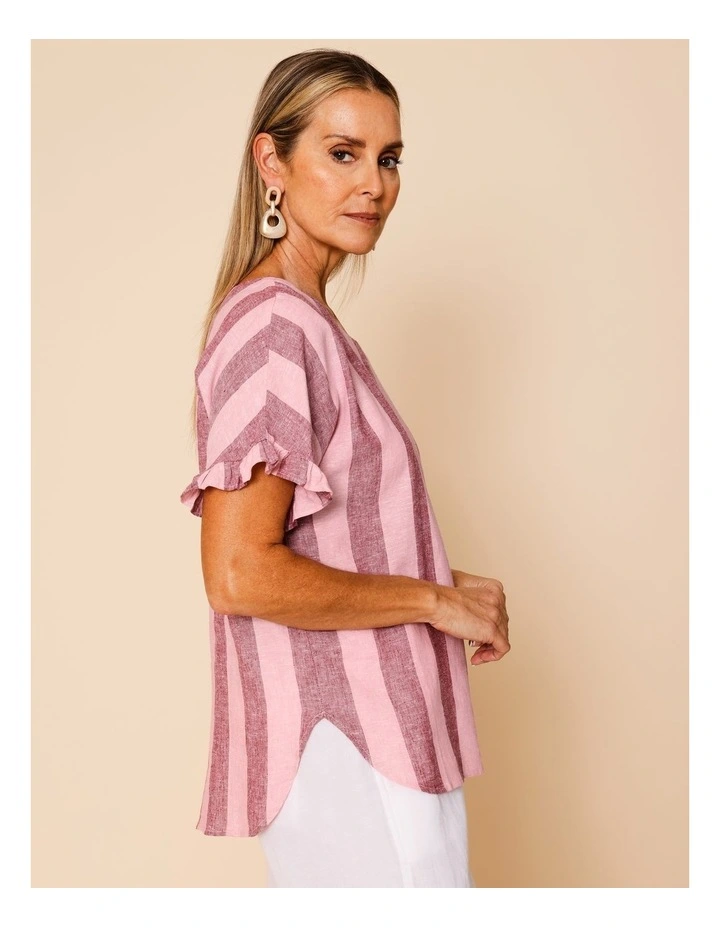Frill Short Sleeve Vertical Stripe Top In Pinks image 1