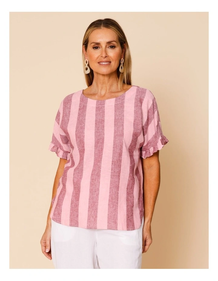 Frill Short Sleeve Vertical Stripe Top In Pinks image 2