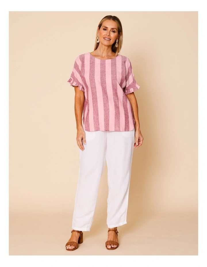Frill Short Sleeve Vertical Stripe Top In Pinks image 3