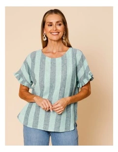 Frill Short Sleeve Vertical Stripe Top In Teals
