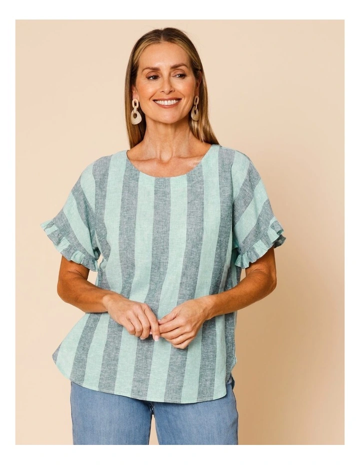 Frill Short Sleeve Vertical Stripe Top In Teals image 1