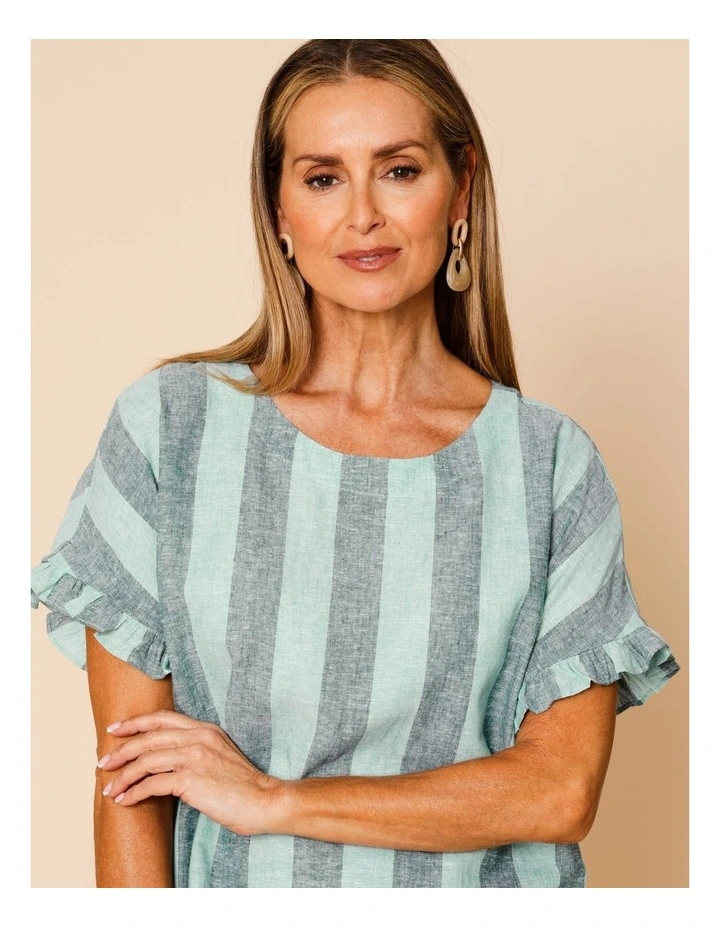 Frill Short Sleeve Vertical Stripe Top In Teals image 2