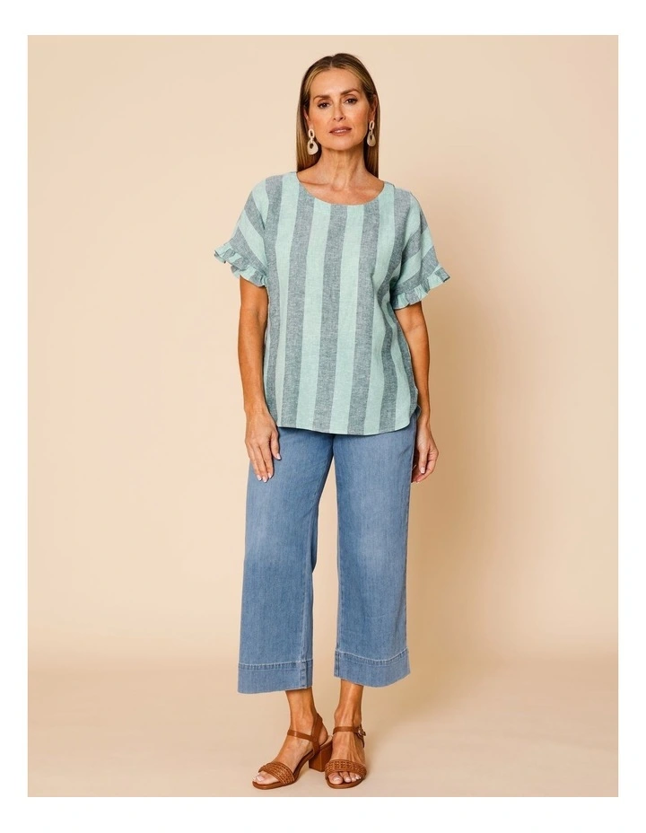 Frill Short Sleeve Vertical Stripe Top In Teals image 3