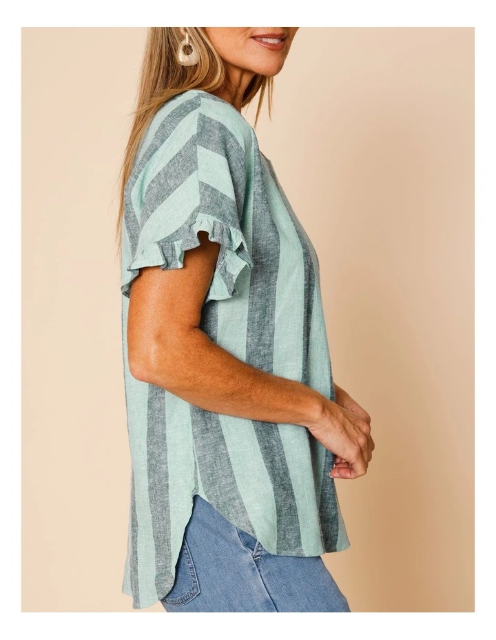 Frill Short Sleeve Vertical Stripe Top In Teals image 4
