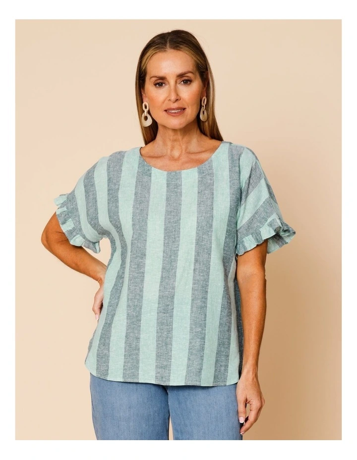 Frill Short Sleeve Vertical Stripe Top In Teals image 5