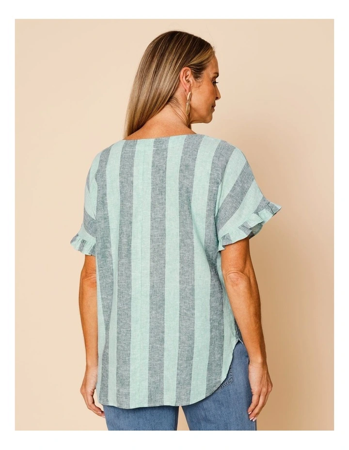 Frill Short Sleeve Vertical Stripe Top In Teals image 6