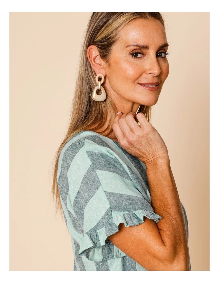 Frill Short Sleeve Vertical Stripe Top In Teals image 7